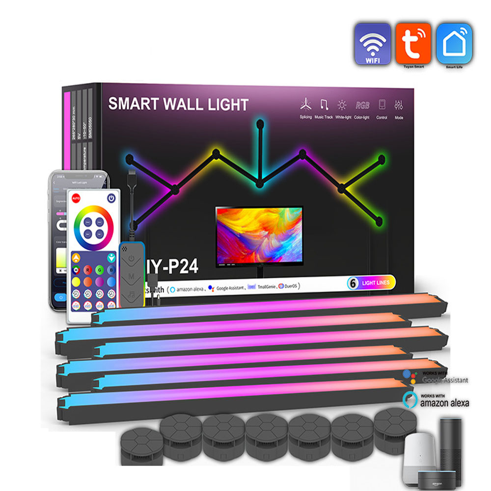 Lâmpada De Parede Inteligente Tuya WIFI Music Rhythm Wall Lamp RGBIC Barra De Luz APP Control Atmosphere Night Light DIY Splicing Background Decroção