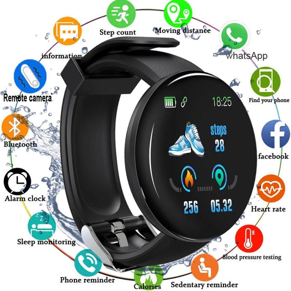 D18 Smartwatch Relógio Inteligente Redondo À Prova D'água Com Rastreador Fitness/Bluetooth Para Homens Suporte Detecção De Saúde