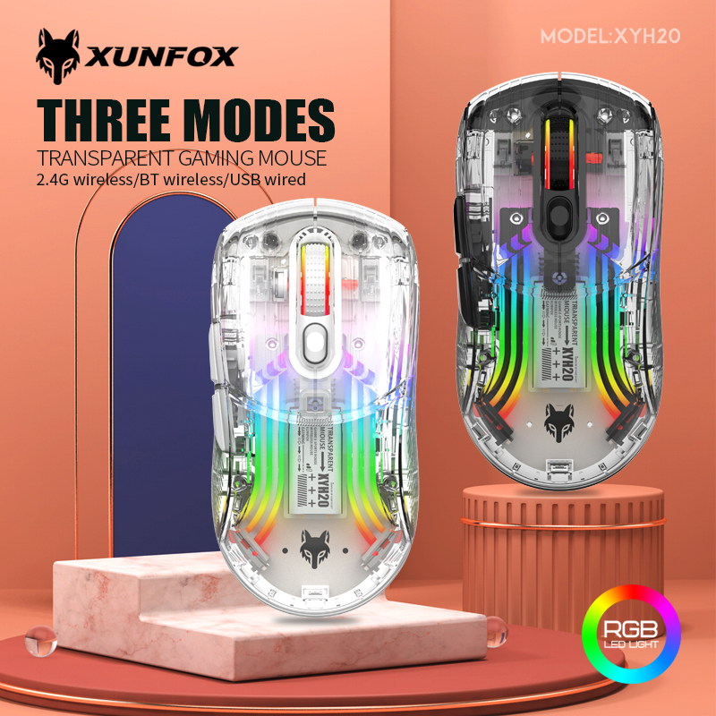 Rato De Jogo Transparente De 3 Modos RGB 7Key DPI 2400 Bluetooth/2.4G Wireless/USB Com Fio Para Mac Phone Laptop PC