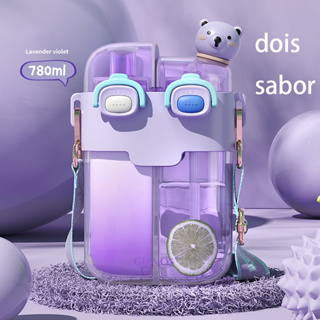 Garrafa de água dupla plana Kawaii para meninas, crianças, fofas, plásticas, Tritan, garrafa dupla com alça, filtro de palha, sem BPA 580 ml, 780 ml