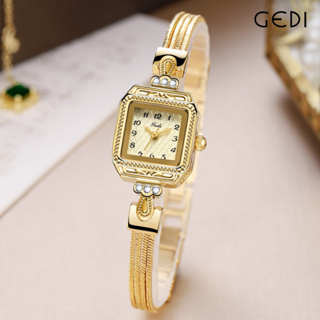 GEDI Relógio Feminino Dourado A Prova D Água Original Pequeno Quadrado De Luxo Cristal Relógio De Pulso Feminino De Quartzo Com Pulseira De Corrente