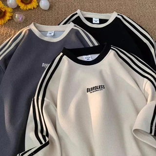 Alfabeto Contrastante De Verão Camiseta Waffle De Listras Para Homens Redonda Neck Estilo Coreano De