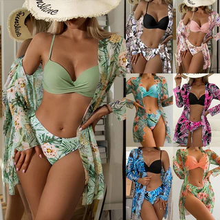 Biquíni Feminino Cintura Alta 2023-Mulheres Novo Estilo Xale De Malha De Três Peças Estampado Roupa De Banho