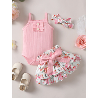 0-2 Anos de idade Recém-nascido Baby Girl Summer Pink Purple Apricot Green Sling Romper com saia estampada Fashion Suit