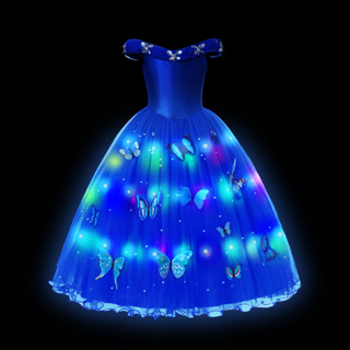 Vestido Cinderela Para Meninas LED Light Up , Roupa Kids Cosplay , Natal ,  Festa De Aniversário , Vestido De Festa Infantil Azul 3-10 Anos