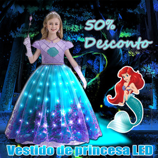 Bordado LED Sereia Vestido De Bebê Moda Roupa Infantil Menina Princesa Ariel Cosplay Fantasia De Natal Halloween