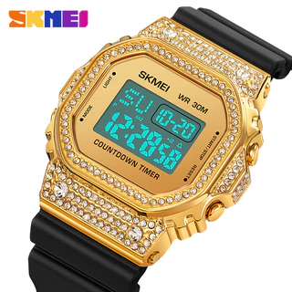 Relógio De Pulso SKmei De Luxo Diamantado Incrustado multi-Funções Para Mulheres Com Caixa Quadrada digital Esportes Ao Ar Livre Em Aço Inoxidável Elétrico