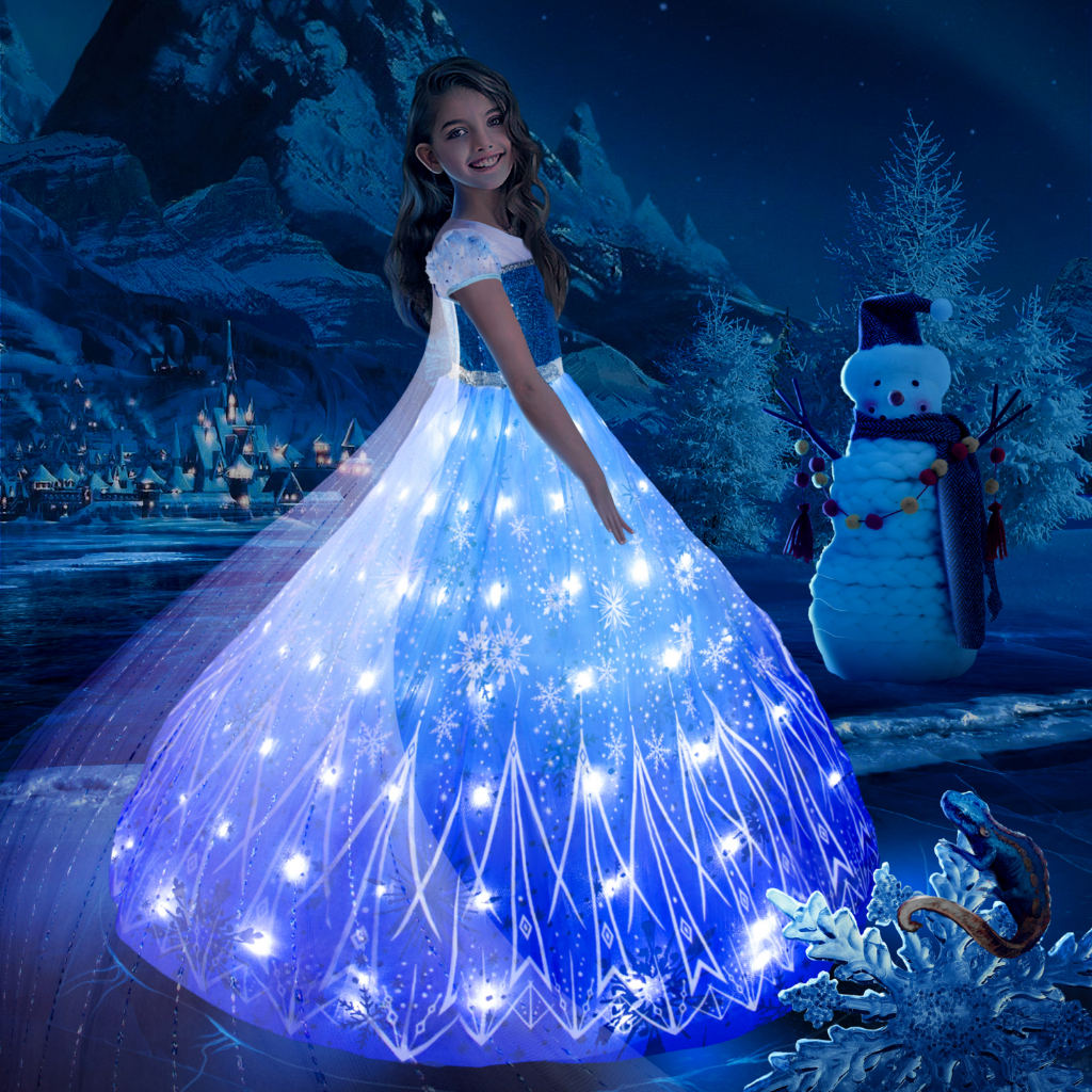 Vestido De Festa Para Meninas Princesa Elsa LED Iluminado Crianças Cosplay Snow Queen Natal O Baile De Finalistas