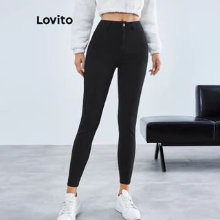 Lovito Calças Jeans com Bolsos e Botões na Frente Simples de Cintura Alta para Mulheres LBE01001 (Preto)