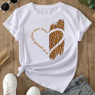 Personalidade Leopardo Estampa Amor E Carta Nova Camiseta Feminina Manga Curta Preta top Mola Branca/Verão Tee Roupas Femininas Presente
