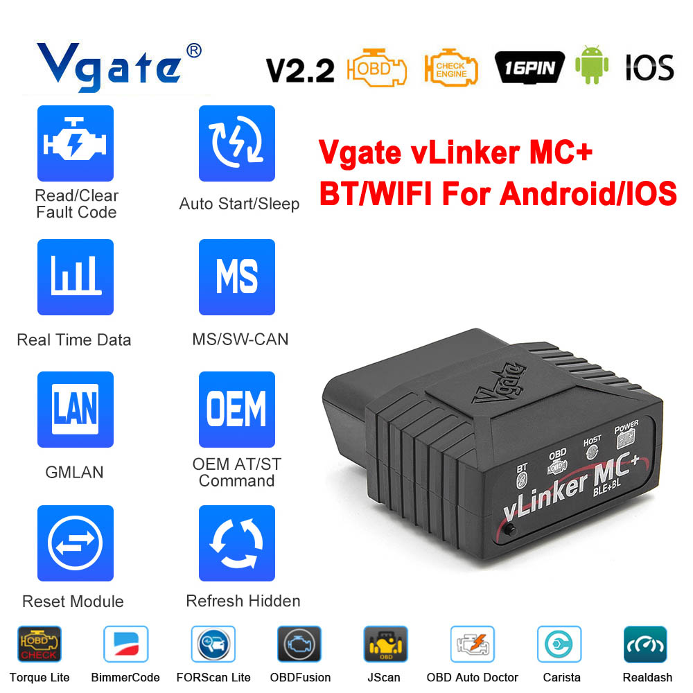 Vgate vLinker MC + ELM327 V2.2 Bluetooth 4.0 WIFI Para Android/IOS OBD2 Scanner OBD 2 BimmerCode FORScan Suporte A Ferramentas De Diagnóstico Automotivo Proton & Perodua PK ELM327