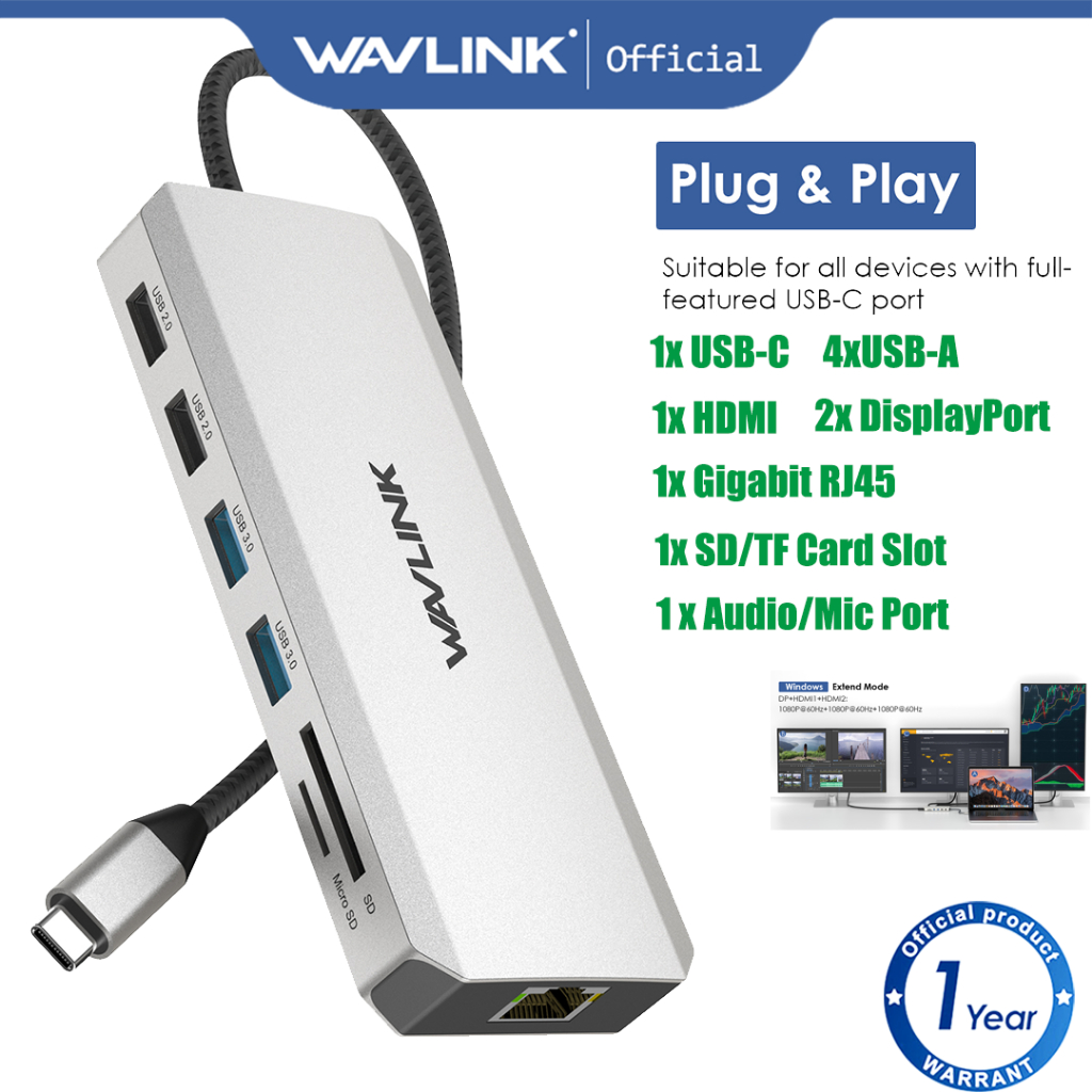 WAVLINK USB C Hub Monitor Triplo 12 Em 1 Estação De Ancoragem Para Notebook Adaptador Multiportas Com HDMI 4K DP 100W PD 5Gbps USB3.0 De 4K