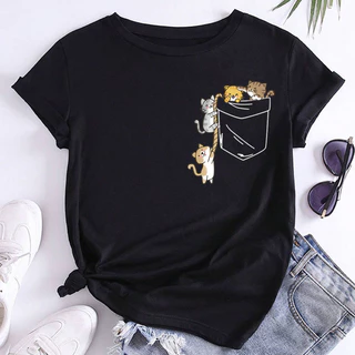 Bonito Desenho Animado De Bolso De Gato Estampa Nova Moda Camiseta Feminina Preta Manga Curta Simples Mulher Branca slim top Primavera Verão Outono Menina Roupa Amiga Presente