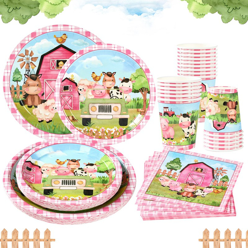 Conjunto De Louça De Mesa Tema Animais De Fazenda Rosa Copos Descartáveis Guardanapos De Placa De Papel Pano De Jantar Decoração