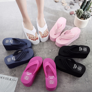 As Mulheres Saem No Verão Vestem Sandálias Flip Flops De Cunha De Cor Sólida Plataforma Sapatos De Praia