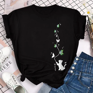Borboleta E Gato Estampa Novo design Moda Camiseta Feminina Manga Curta Preta top Branco casual slim Primavera Verão Outono Roupas