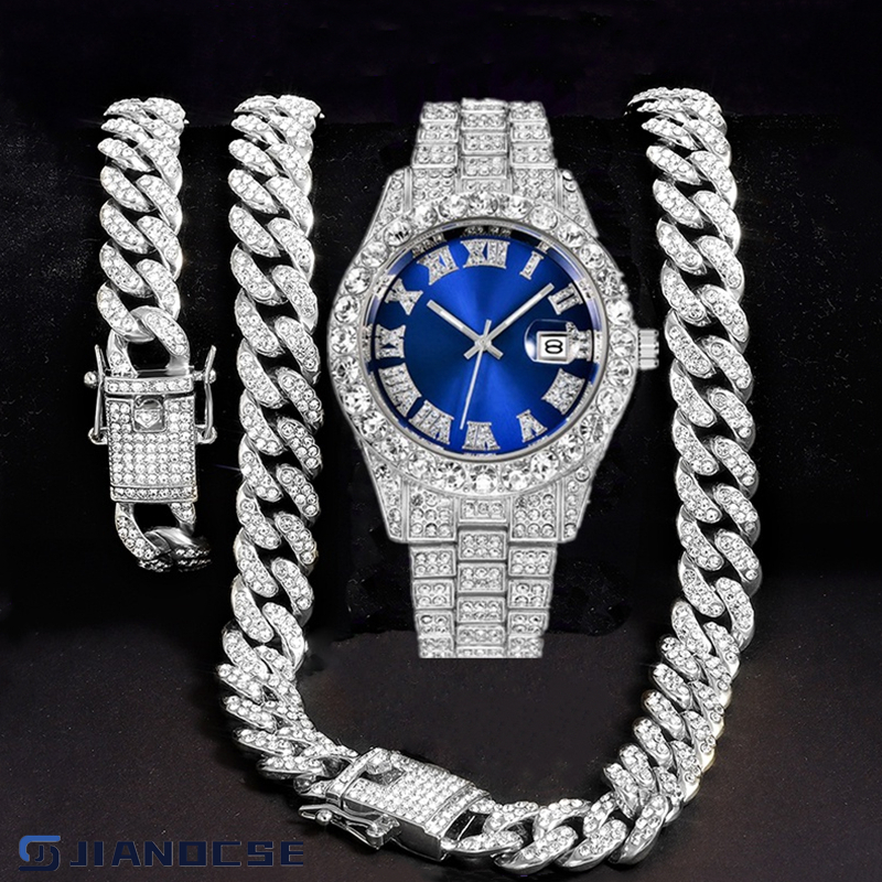 Novo Colar Cravejado Iced relógio masculino ice Colar Kit Hip Hop prata Pulseira Cubano Corrente masculina Bling Jóias Diamante Correntes de Ouro