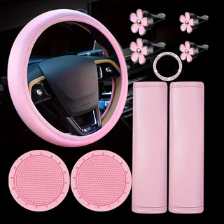 10 Peças Barbie Pink Car Decoração De Carro Cor-De-Rosa Para Mulheres , Cobertura Da Roda De Direção + Cinto De Segurança Do Ombro Pads + Cup Holder + Rhinestones Ring Sticker Emblema + Clipes De Ventilação Ar