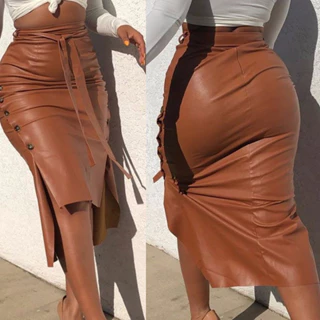 Primavera Outono Nova Saia PU Cor Sólida Moda Lado Dividido De Anca Slim Fit De Comprimento Médio Couro Faux