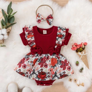 Baby Girls Cute Elegant Ribbed Romper Elegante Com Decoração Floral E Conjunto De Fita De Cabeça De Arco Para O Verão
