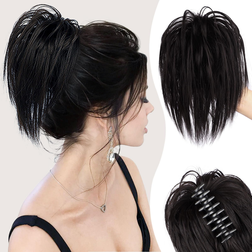 Pedaço de cabelo bagunçado, extensões de coque de cabelo preto despenteado  updo ondulado e cacheado para