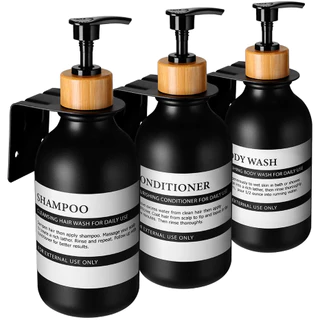 Frasco De Shampoo E Condicionador Matte Black Refilável Com Bomba De Bambu Dispensador Para Parede De Chuveiro 500ml