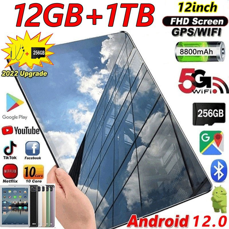 2023 Alta Qualidade (RAM 12GB + ROM 1024GB) Tablet 5K HD Tela WiFi PC Ten Core 5G 4G Network Android 12.0 Dual SIM IPS Buletooth Chamada Telefone-12 Polegadas