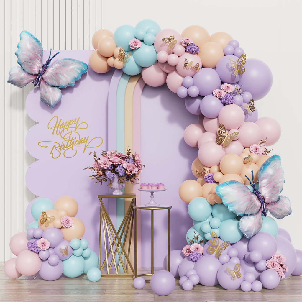 148pcs Macaron Balões De Borboleta Rosa Púrpura Garland Arch Kit Butterfly Festa De Aniversário Baby Shower Decoração De Casamento Globos