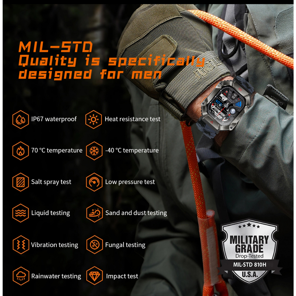 FILIEKEU relógio inteligente esportivo militar 50M à prova d'água anti-queda durável Esportes ao ar livre relogio smartwatch