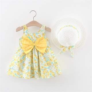 2023 Novo Vestido De Verão Para Meninas Bebê Tulipas Vestuário De Criança Enviar Chapéu (0-3 Anos De Idade)