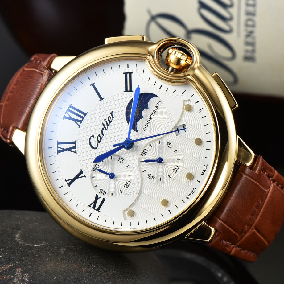 Relógio Homem Luxo Ouro Caixa De Aço Inoxidável Couro Subdials Trabalho Moda