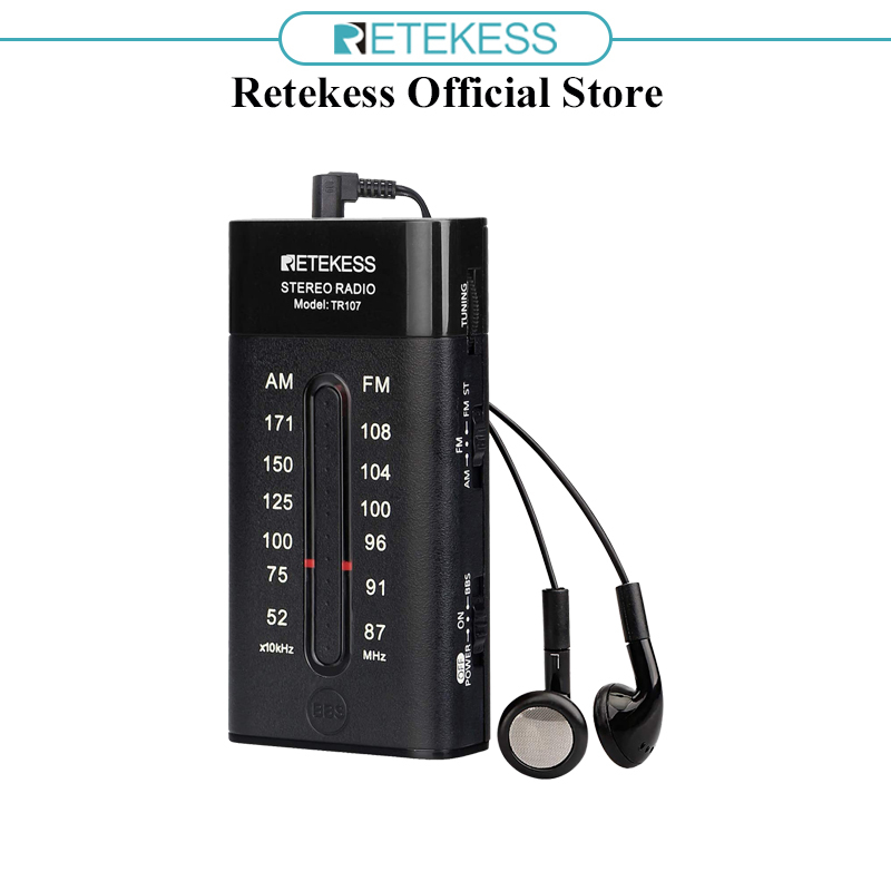 Retekess TR107 Mini Rádio De Bolso Portátil Fm Am Pointer Tuning Stereo Stand Bbs Mega Baixo Com Fone De Ouvido Para Caminhadas