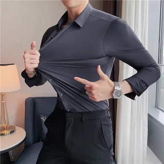 Camisa de manga comprida masculina [5 Cores M-3XL] Camisa de manga comprida Cor Sólida Alta Elasticidade Seda Confortável Sentimento de Drape Sem Costura Camisa Casual Slim-Fit X0574