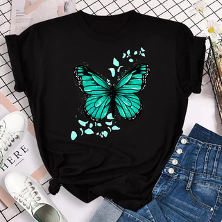 Estampa De Pétalas De Borboleta Verde Com Novo design Moda Camiseta Feminina De Manga Curta Gola Redonda casual top Bonito Primavera Verão Roupas De Outono-Multicoloridas