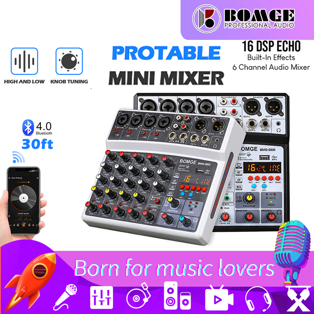BOMGE – mélangeur Audio sans fil à 6 canaux, Console de mixage Portable,  Interface USB, carte son avec 16 DSP, Echo, alimentation fantôme 48V