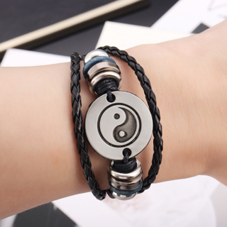[Z H Jóias] Pulseira Vintage Bagua Beaded Leather Bracelet De Couro Moda Masculina E Feminina Multilayer Punk Party Rock Jewelry Acessórios