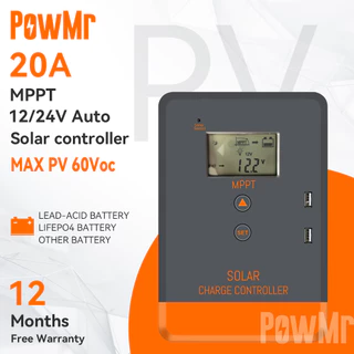 【 On Venda 】 PowMr MPPT 20A Controlador De Carregador Solar 12V 24V Automático PV Entrada Máxima 60Voc Lcd Display Retroiluminado 2 Portas Usb Garantia Gratuita