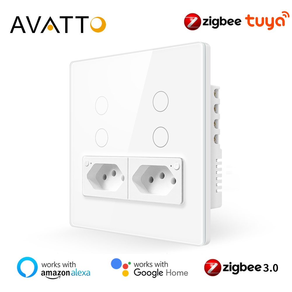 Interruptor De Luz AVATTO ZigBee Smart Switch & Socket Tuya Painel De Vidro 4X4 De 4 Botões E Tomada 16A Funciona Com Alexa Google home