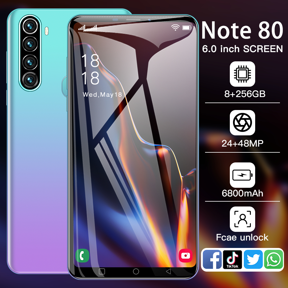 Novo Celular Note80 Telefone De 6 Polegadas 8GB RAM 256GB ROM Barato ...