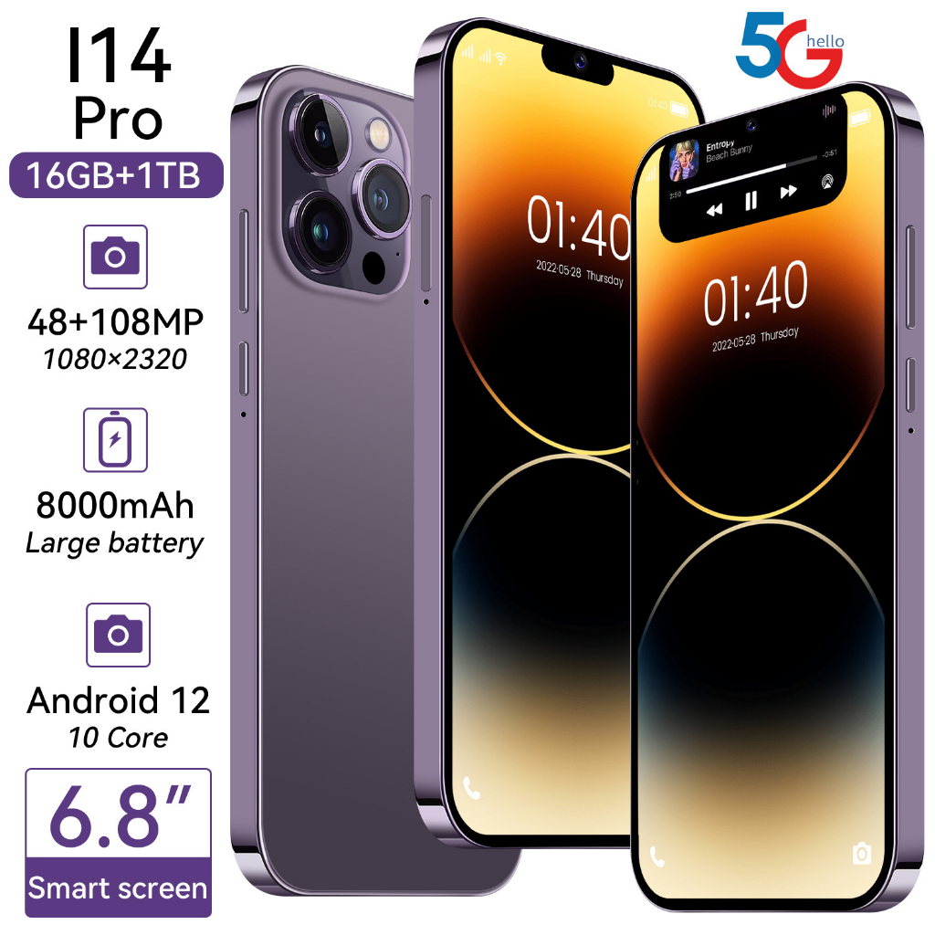 I14 pro max Phone 14 Original 16GB + 1TB 6.8inch , Câmera HD Com Tela Smartphone Google Player 5G