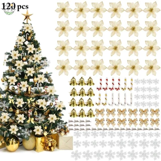 120pcs Ornamentos De Natal/Árvore Com Kit De Champanhe Vermelho Conjunto De Bolas/Flores De Flocos De Neve/Bow/Bells/Small Arrutches Barrettes