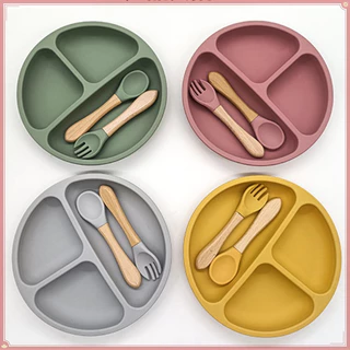 3Pcs/Set Kit Introdução Alimentar Silicone Com Ventosa Bebê Louça De Silicone Para Bebês Sólida Prato Garfo E Colher Para Crianças Prato Infantil Com Divisória Talheres