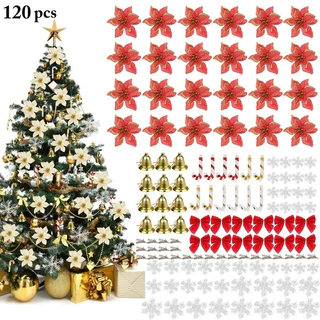 120pçs Enfeites de Natal/Árvore de Natal com Vermelha Champagne Kit Conjunto Enfeites de natal com Bolas/flores de árvore de Natal/Flocos de Neve/Laço/ Sinos/Pequenas Arrutches/ Presilhas Pequenas