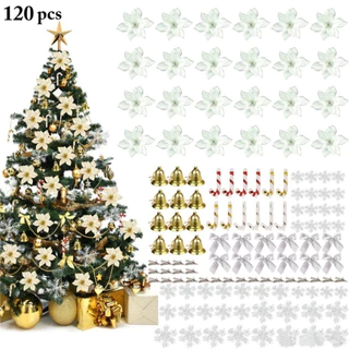 120PCS/1set Árvore De Natal Ornamentos Artificiais Flores Arcos Sinos Flocos De Neve Pequeno Clip De Cana Para Festa De Casamento