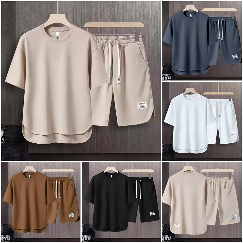 Conjunto Multicolor Coreano Estilo Liso Para Homens Vintage Casual Loose Short Sleeve Tops Pants Um Terno De Roupas