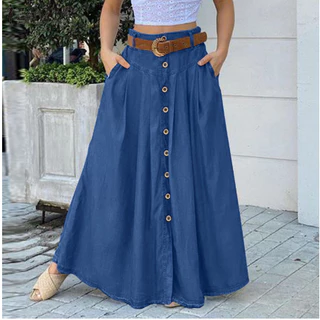 [Estoque pronto]Saia longa feminina com botão/bolsos frontais laterais/Retro/Casual