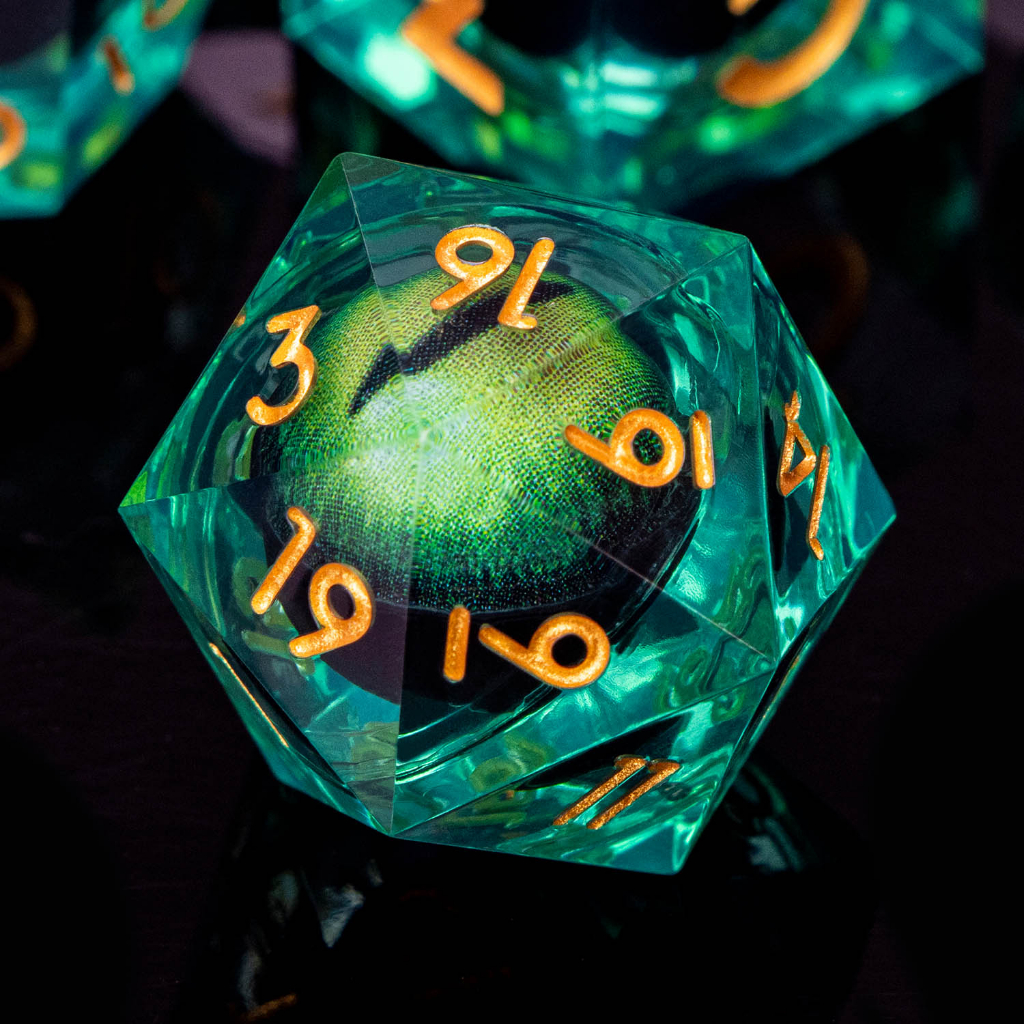 7PCS Conjunto De Dados De Fluxo De Líquido De Olho De Beholder Verde Resina D E | Dnd Dungeons Dragões Pathfinder Jogo & Poliédricos Feitos À Mão D20 D12 D10 D8 D6 D4