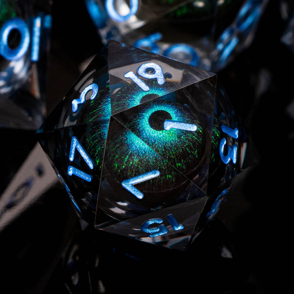 7PCS Beholder's Eye Dice Núcleo De Fluxo Líquido De Dados Preto Azul D E Conjunto De Resina | Dnd Dungeons Dragões Pathfinder Jogo & Poliédricos Feitos À Mão D20 D10 D6