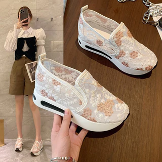 Plataforma Cunhas Tênis Feminino Floral Bordado De Malha Para Mulheres Slip On Casual Comfy Heeled Shoes Woman white size 35-44