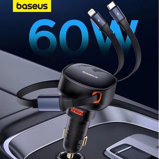 Carregador De Carro Baseus 60W Retráctil De Carga Rápida Tipo C & Cabo iP Embutido